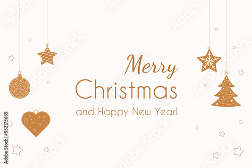 Christmas card with gingerbread toys on white background with inscription. For greetings, cards, backgrounds. Doodle, vector.