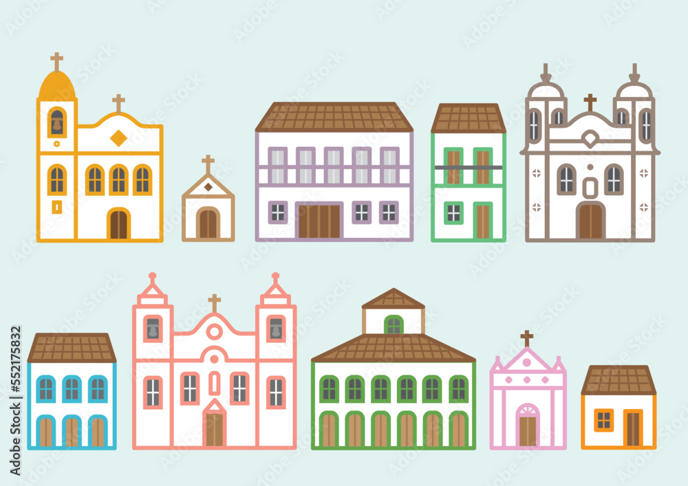 Coleção de casas antigas em cidades históricas do Brasil.  Estilo barroco.  - obrazy, fototapety, plakaty 