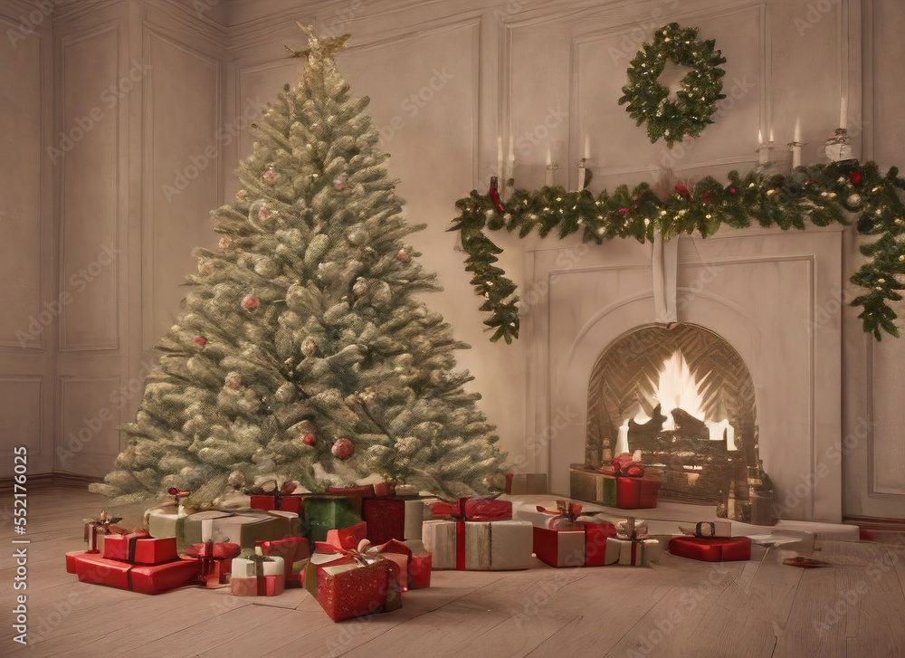 Christmas living room with christmas tree with presents and fireplace