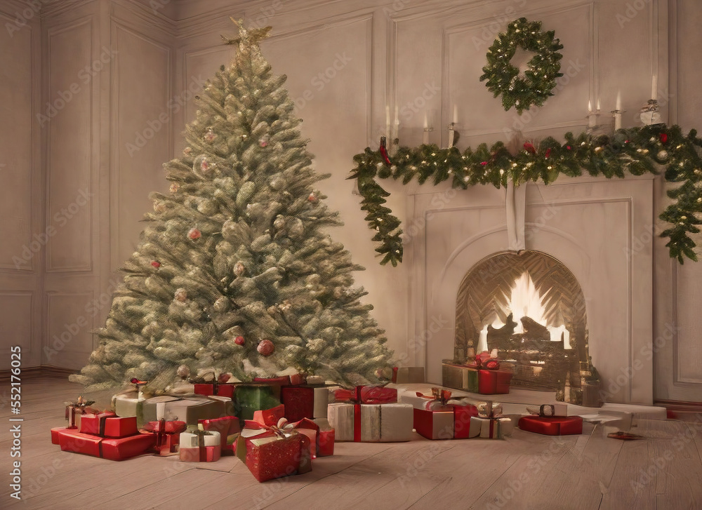Christmas living room with christmas tree with presents and fireplace Christmas living room with christmas tree with presents and fireplace