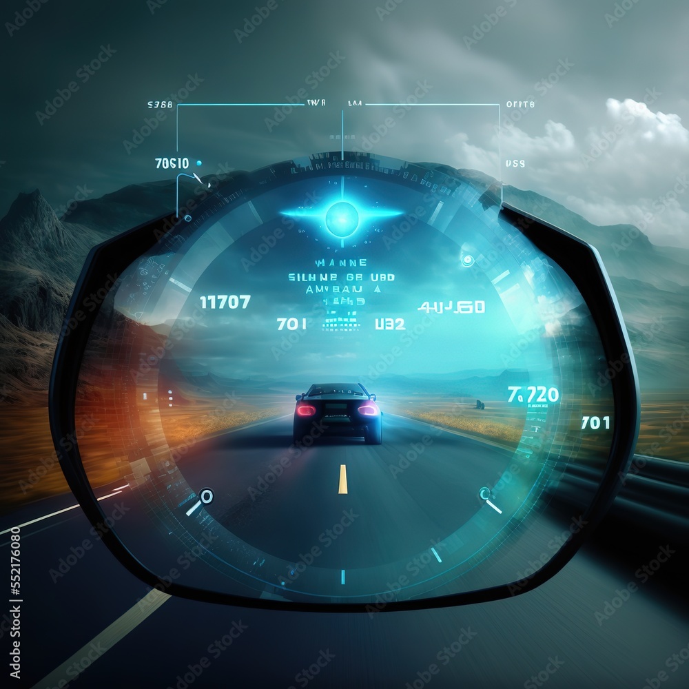 Futuristic auto HUD . VR screen racing game, futuristic user interface in cocpit smart car. HUD interface in smart car rear view mirror. AI generative. Virtual reality, gaming view with UI