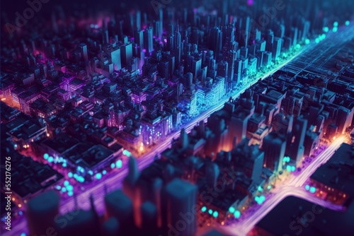 Neon metropolis in isometric style. City in neon colors. Cyberpunk city in isometric. 3D illustration, generative ai