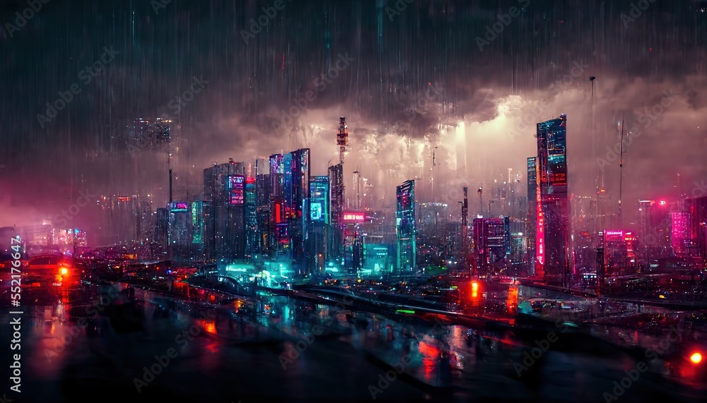 Cyberpunk neon city night. Futuristic city scene. 2077 wallpaper. Retro future 3D illustration. Urban landscapes. Dystoptic artwork at night. Generative AI