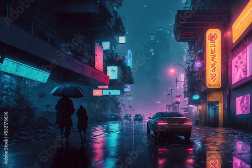 Cityscape, quiet street with parked car, rain, couple under umbrella, neon signs, rainy night in the city, cyberpunk city illustration. Generative AI  © marikova