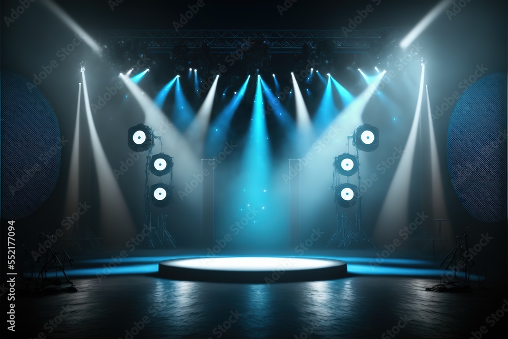 Stage - podium with various stage lights in the dark. Spotlight on ...
