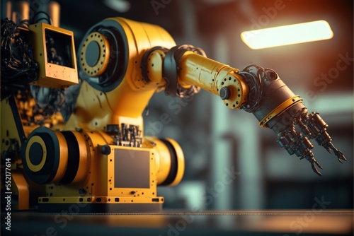 Robotic arm in yellow color. Autonomous robot. Industrial machine robotic arm robot. Generative AI