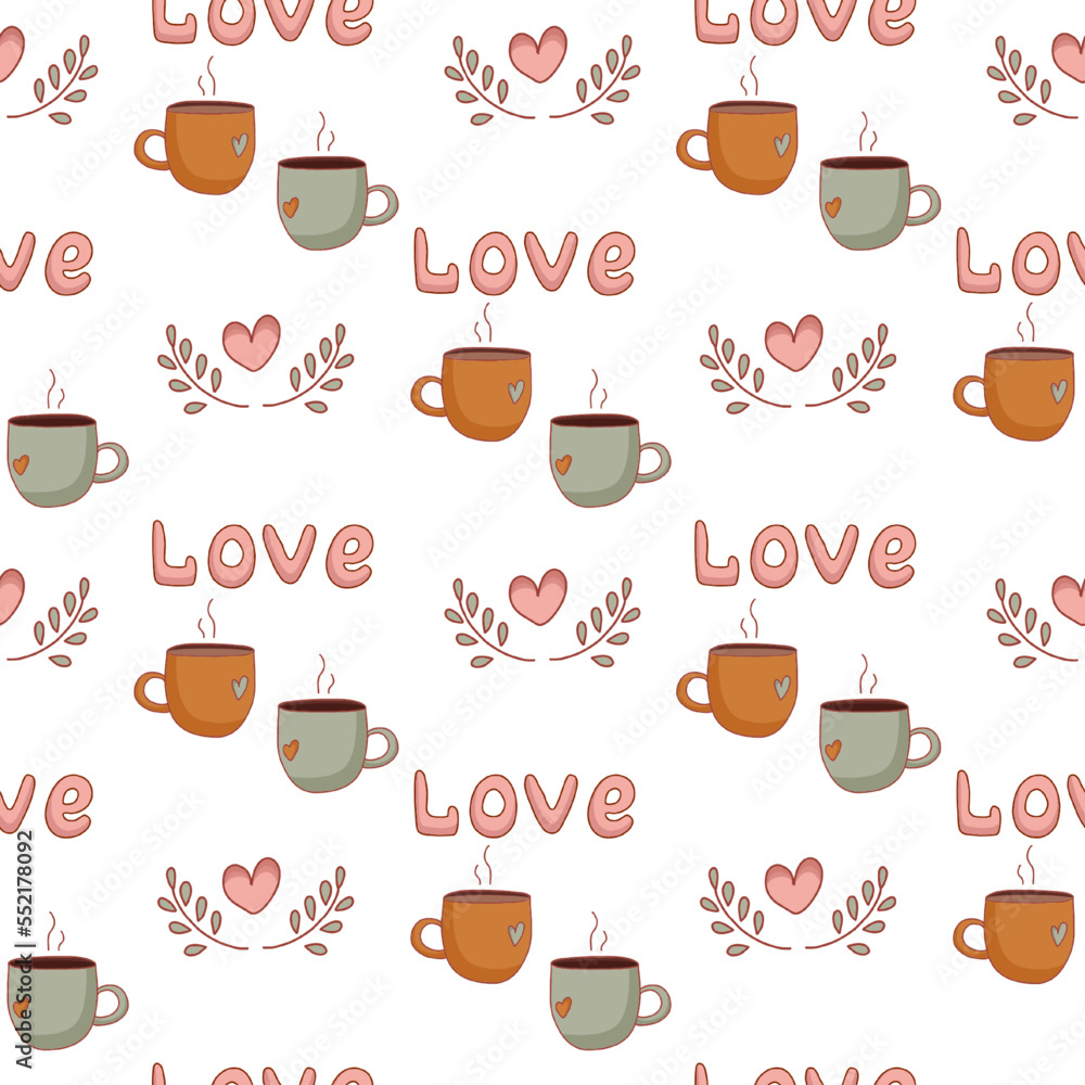Cozy seamless pattern with warm drinks and hearts. Romantic vector illustration Cozy seamless pattern with warm drinks and hearts. Romantic vector illustration