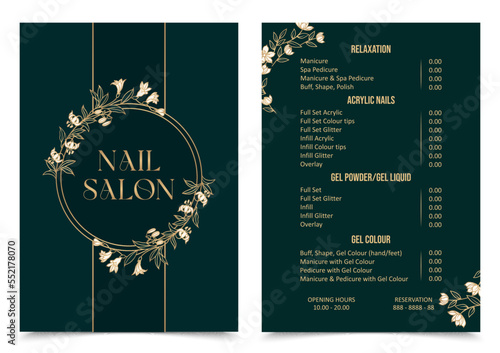 Vector Illustration sticker business card for nail salon decorated with botanical art texture with pricelist and special offer. A4 a5 printable template