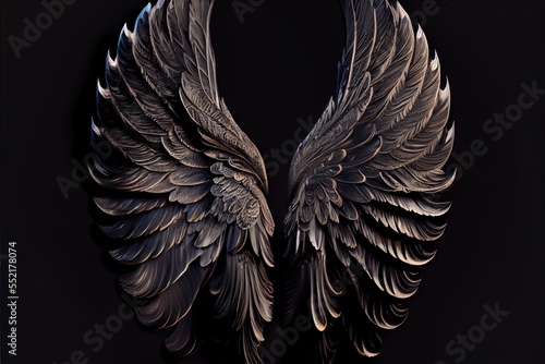  a black and white photo of a pair of wings on a black background with a black background behind it. Generative AI