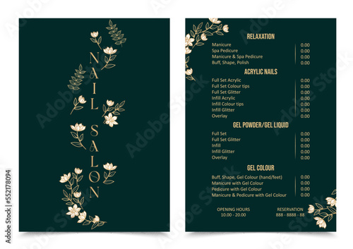 Vector Illustration sticker business card for nail salon decorated with botanical art texture with pricelist and special offer. A4 a5 printable template