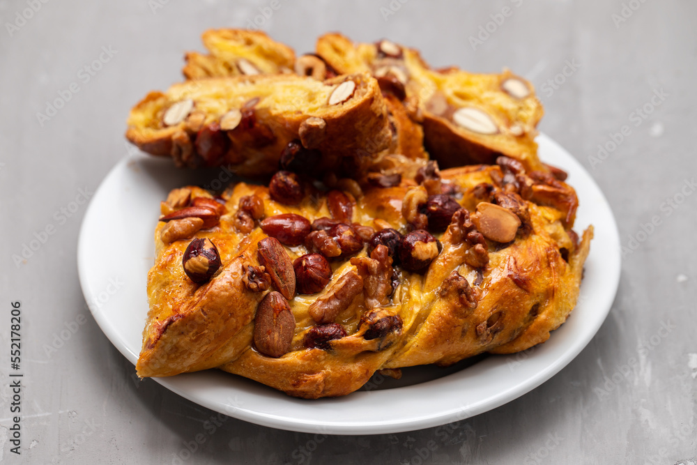 typical portuguese fruit cake Bolo rainha on plate typical portuguese fruit cake Bolo rainha on plate
