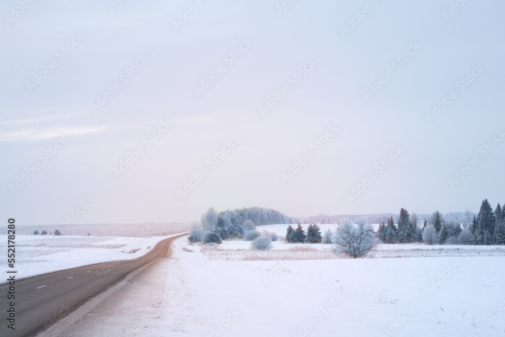 Winter landscape. The road goes into the distance through the snowy countryside. In the distance, white firs and larches in the frost. Copy space. Winter landscape. The road goes into the distance through the snowy countryside. In the distance, white firs and larches in the frost. Copy space.