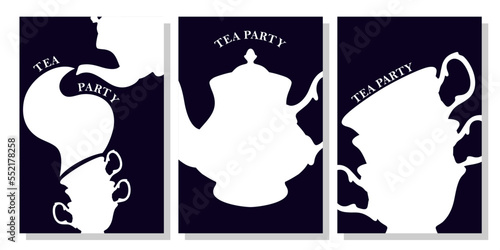 Set of  wonderland vector card. Mad tea party. White silhouettes  tea cups and teapot  on black background