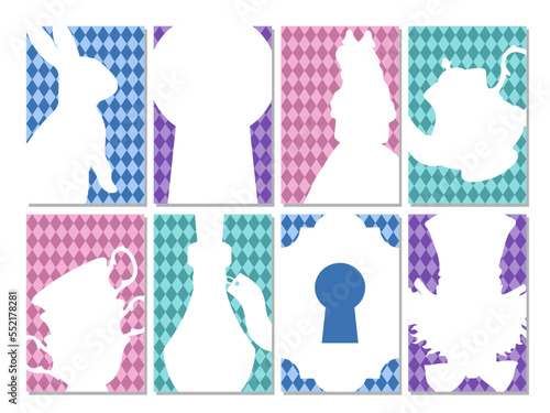 Set of  wonderland vector card. Mad tea party. White silhouettes Alice, rabbit,mad hatter,  tea cup, teapot, bottle, keyhole on checkered background
