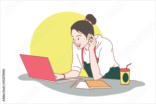 starting a small business SME business owner, entrepreneur. Using laptop or notebook to take and check online orders, SME online business concept. cartoon vector illustration.