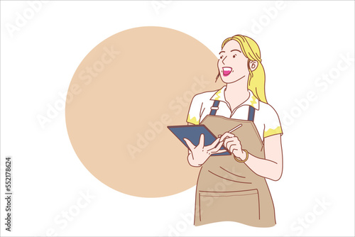 starting a small business SME business owner, entrepreneur. Using laptop or notebook to take and check online orders, SME online business concept. cartoon vector illustration.