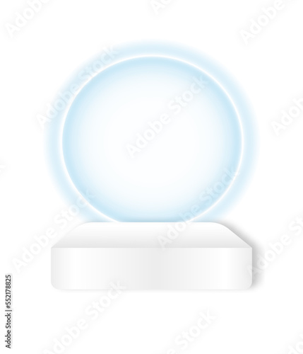 3d realistic podium. Sale promo banner template with illuminated circle, sale and discount background. Vector geometric platform.