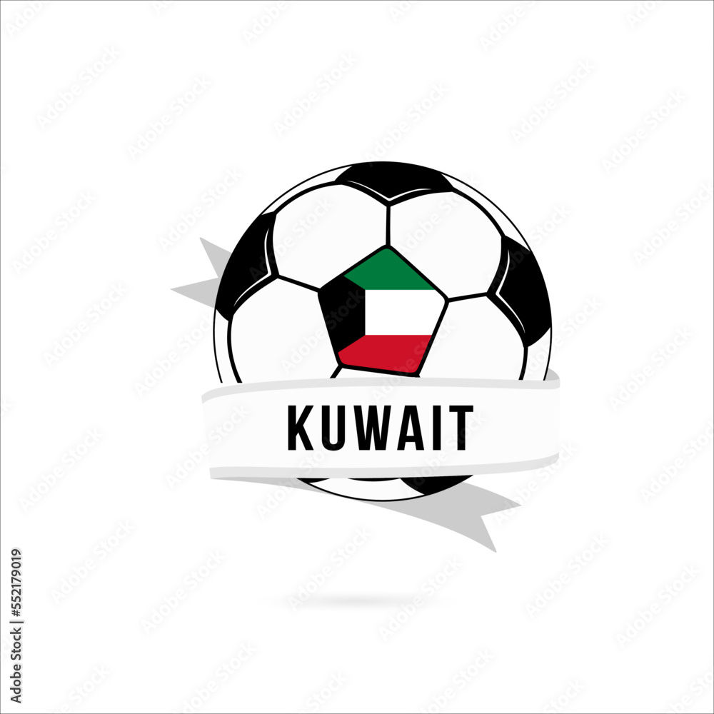Obraz premium Soccer ball minimal design with Kuwait flag. Flag of Kuwait in a soccer ball with the text Kuwait on the ribbon. Vector illustration eps10