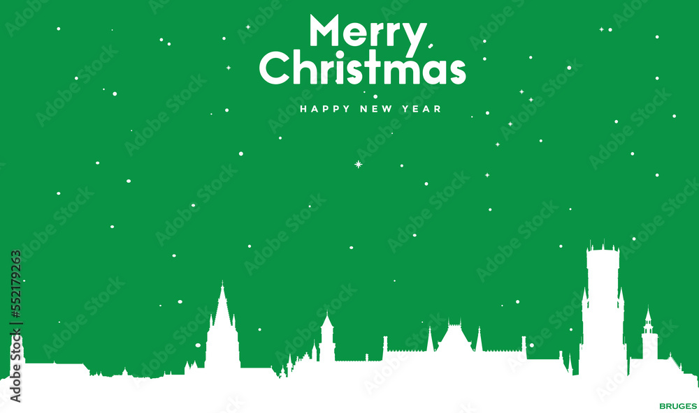 Naklejka premium Christmas and New year green greeting card with white panorama of Bruges