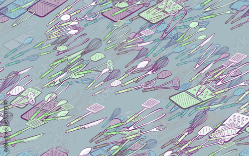 Background pattern abstract design texture. Seamless. Cutlery. Theme is about potato peeler, whisk, spatula, meat fork, Potato Maker, grater, forceps, knife, kitchen knife, masher, holes