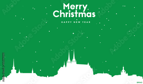 Christmas and New year green greeting card with white panorama of Brno