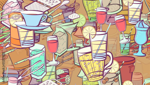 Background pattern abstract design texture. Seamless. Drinks and Cutlery. Theme is about meat hammer, ladle, kvass, cup, cardboard, tea, glass, Cup, cola, bottle, knife, soda, spoon, hot drink