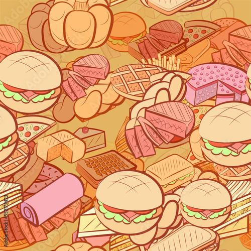 Background pattern abstract design texture. Seamless. American food and Bakery products. Theme is about strudel, sausage, round, topping, cake, sennit, lush, cheese, filling, donut, biscuit