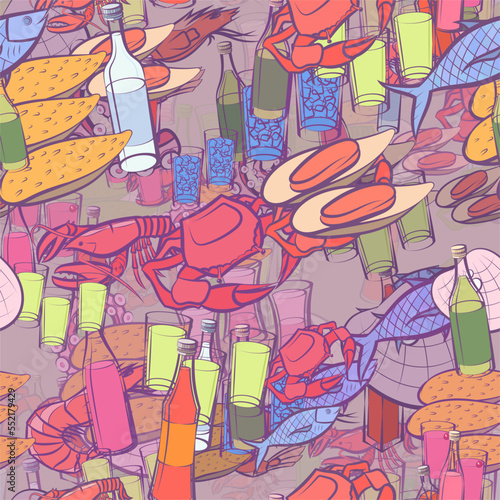 Background pattern abstract design texture. Seamless. Seafood and Alcohol. Theme is about alcohol, glass, lobster, filling, whiskey, tonic, crab, charming, Russian, vodka, strong alcohol