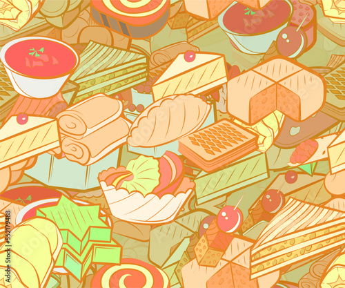 Background pattern abstract design texture. Seamless. Bakery products and Snacks. Theme is about pancake, sennit, borscht, sandwich, lush, dissected, fish, pie, cherry, covered, cream, bread