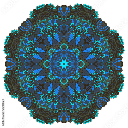 Mandala. Tracery wheel image. Mehndi design. Dark toxic colors. Ethnic doodle art. Curved doodling picture. Vector