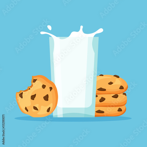 Full glass of milk with traditional chip cookies with chocolate. Vector illustration isolated on blue background	