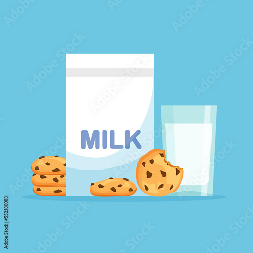 Milk packaging and full glass of milk with traditional chip cookies with chocolate. Carton pack template for your design. Vector illustration isolated on blue background.