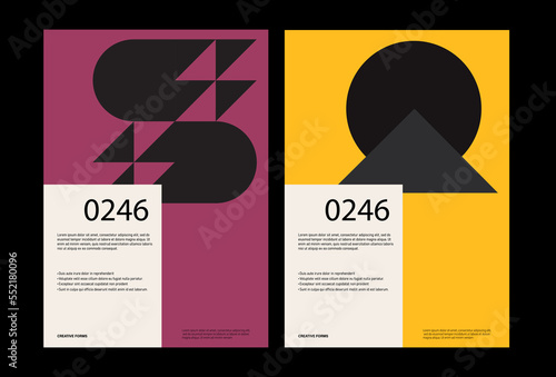Minimal abstract posters. Bauhaus poster template layout with clean typography and minimal vector pattern with abstract geometric shapes. Great for poster art, album cover prints.