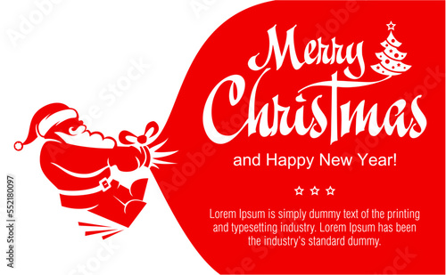 Santa Claus silhouette pulls heavy bag full of gifts. Vector template for banner, greeting card, invitation with text copy space