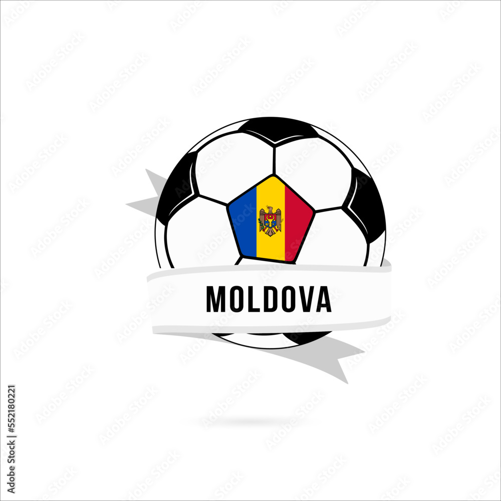 Obraz premium Soccer ball minimal design with Moldova flag. Flag of Moldova in a soccer ball with the text Moldova on the ribbon. Vector illustration eps10