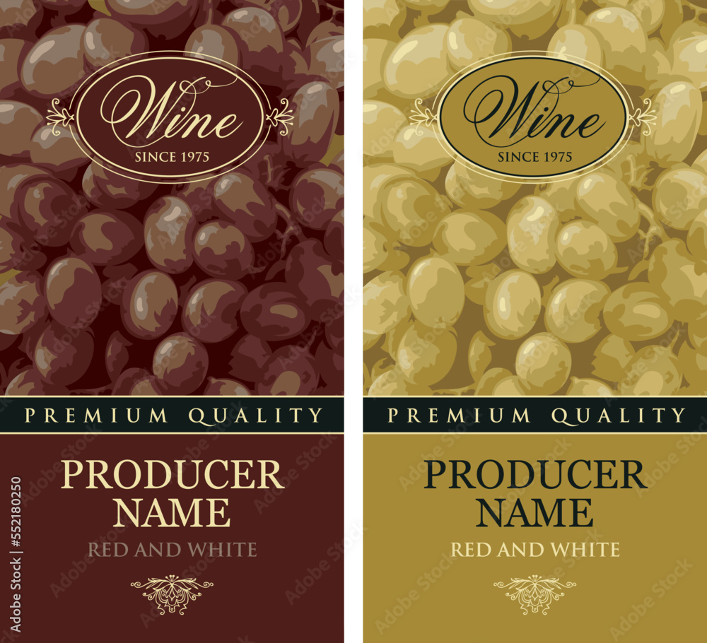 Set of vertical wine labels with realistic bunches of delicious grapes ...