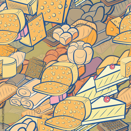 Background pattern abstract design texture. Seamless. Cheeses and Bakery products. Theme is about classical, monolithic, lies, cherry, chunks, spicy, filling, cut, piece of cheese, pancakes