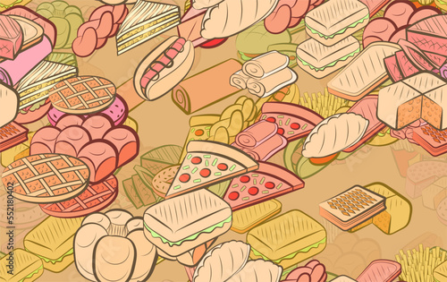 Background pattern abstract design texture. Seamless. Bakery products and American food. Theme is about bread, round, pie, a sandwich, bakery, lush, steak, biscuit, filling, American cake