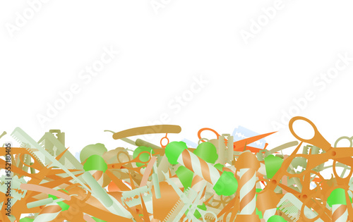 Background pattern abstract design texture. Horizontal seamless stripe. Border frame, transparent background. Theme is about barbershop, barber, razor blade, scissors, straight razor, Barber pole