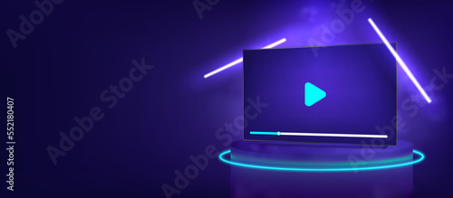 TV with a video player on the screen, stands on a futuristic platform with neon rays, smoke, light and glow. 3D TV template in perspective for media website, channels, stream, online broadcast. Vector