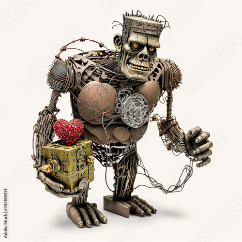 Animated Frankenstein monster with hearts and flowers for Valentine's Day. Created with generative AI software. 
