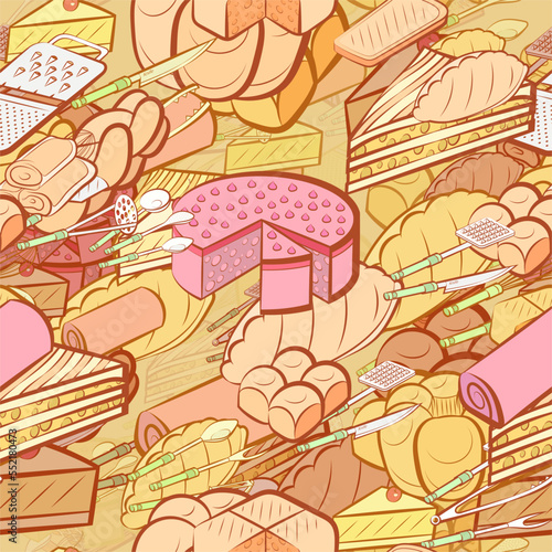 Background pattern abstract design texture. Seamless. Cutlery and Bakery products. Theme is about sennit, baklava, round, whisk, scooped, ladle, spatula, a stack, forceps, pancakes, pie