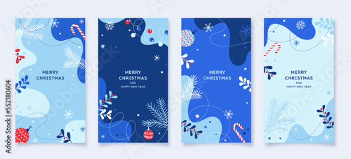 Merry Christmas and Happy New Year set of social media story design templates. Xmas holiday poster set. Vector design of christmas elements for greeting card, cover, social media post.