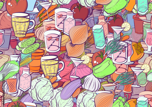 Background pattern abstract design texture. Seamless. Drinks and Health food. Theme is about corn, shell, bottle, vitamin C, healthy food, vegetable, soda, white, a stack, Cup, garlic head