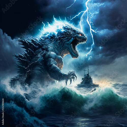 Intense kaiju like lizard monster in a violent ocean storm with thunder and lightning. The creature is angry and a ship is sinking in the waves of the sea water. Created with generative AI software. 