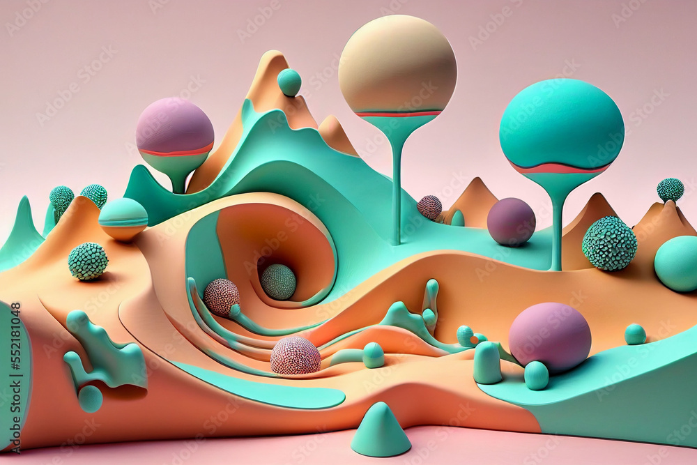 Fototapeta premium Creative ideas of minimalism. Galactic cartoon mountain landscape. Advertising design.