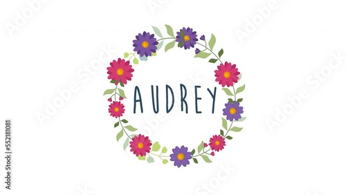 audrey girls name motion animation concept.woman name with floral wreath photo