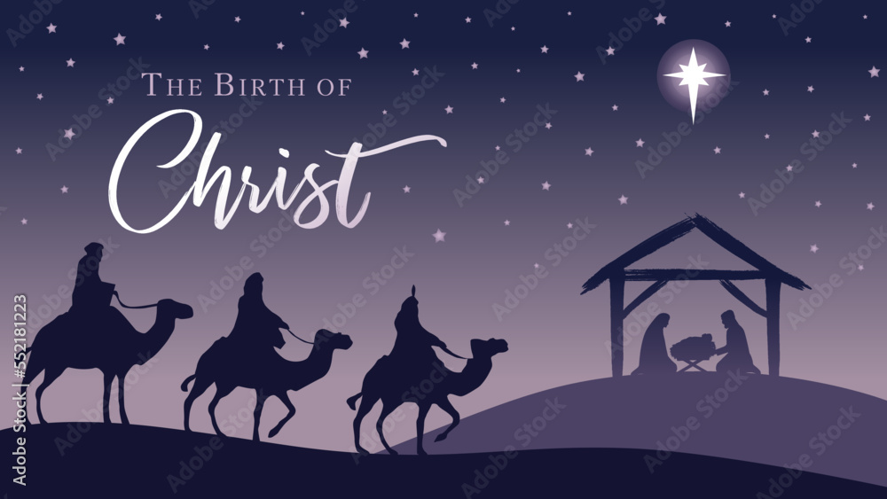 Nativity scene - silhouette Jesus in manger, wisemen and Bethlehem star. Three kings, camels, Mary, Joseph and Bethlehem star. Vector illustration