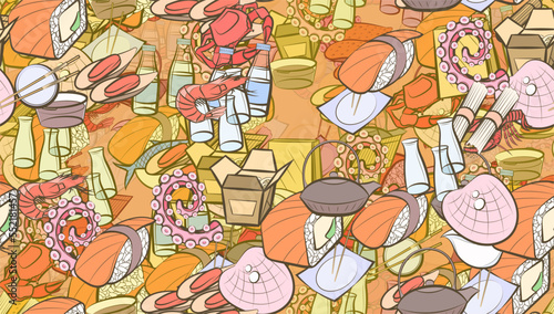 Background pattern abstract design texture. Seamless. Japanese food and Seafood. Theme is about packet, roll salmon, bamboo mat, water bottles, sea, cheese, fish, sauce cup, royal, delivery