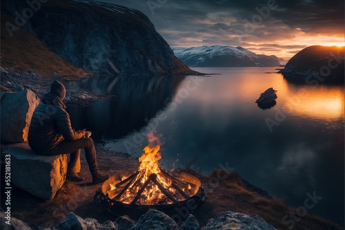 A fictional man sitting next to a campfire in the wilderness of Norway. The golden light of the fire illuminates the man's face, giving him a rugged and adventurous appearance. photo